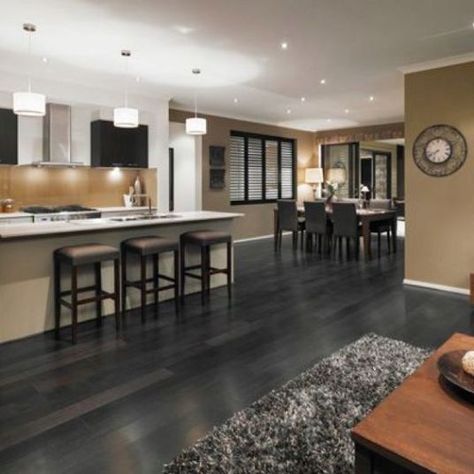 I like the gray, black, white and tan scheme going on here. Grey Kitchen Colors, Grey Hardwood Floors, Grey Hardwood, Kitchen Window Sill, Living Room Wood Floor, Open Kitchen And Living Room, Grey Wood Floors, Light Wood Floors, Kitchen Colour Schemes