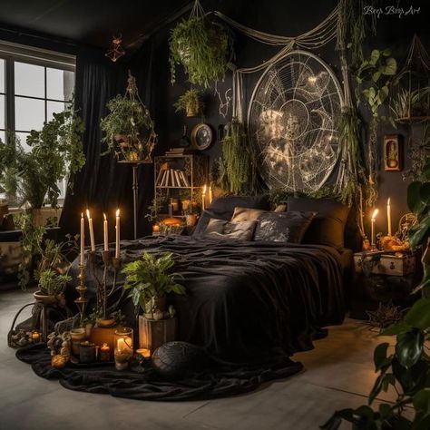 Boho Goth Beep Boop Art Boho Punk Bedroom, Emo Boho Bedroom, Goth Bohemian Decor, Dark Academia Bedroom Green, Goth Hippie Room, Dark Fairy Room, Dark Boho Bedroom Aesthetic, Boho Gothic Bedroom, Green Gothic Bedroom