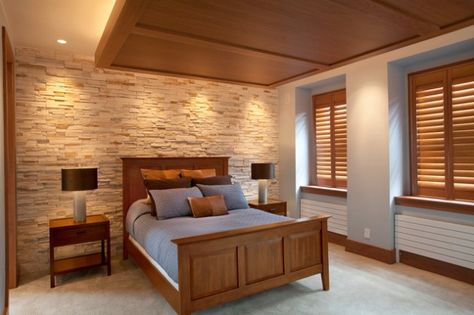 19 Elegant Stone Wall Bedroom Design Ideas Stone Wall Bedroom, Stone Wall Interior Design, Master Suite Remodel, Stone Walls Interior, Tiles Living Room, Stone Accent Walls, Closet Built Ins, Interior Shutters, Wall Interior