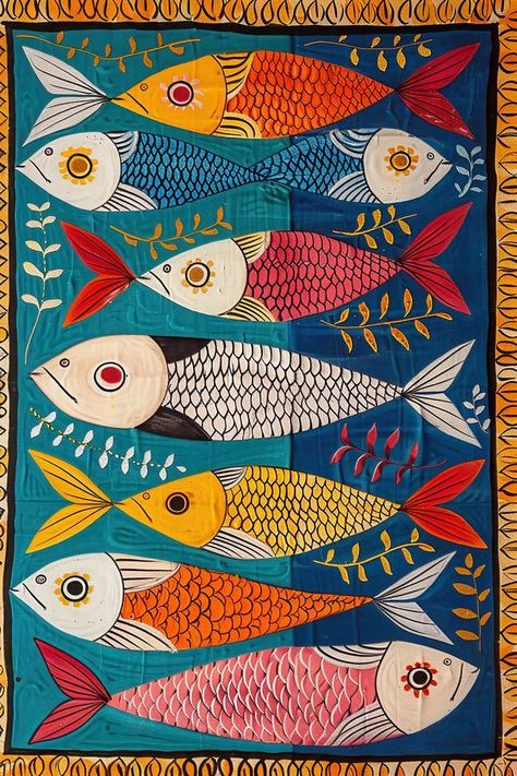 Traditional colorful Madhubani painting of fish on a textured background. vector illustration Madhubani Fish Paintings, Madhubani Paintings Traditional, Traditional Madhubani Art, Painting Of Fish, Madhubani Fish, Indian Truck, Tropical Fish Art, Background With Flowers, Brain Gym