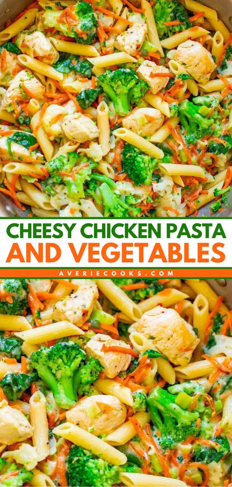 This quick and easy meal is comfort food with a healthier twist! The whole family will love this Cheesy Chicken Pasta and Vegetables. It tastes so good! Save this chicken veggie pasta recipe for a simple dinner under 30 minutes! Chicken Noodles And Vegetables, Birds Eye Veggie Pasta Recipes, Chicken And Veggie Pasta Recipes, Low Calorie Pasta Dinner, Chicken And Veggies Recipes, Chicken And Noddles, Cheesy Noodles Recipes, Chicken Veggie Pasta, Dinner Under 30 Minutes