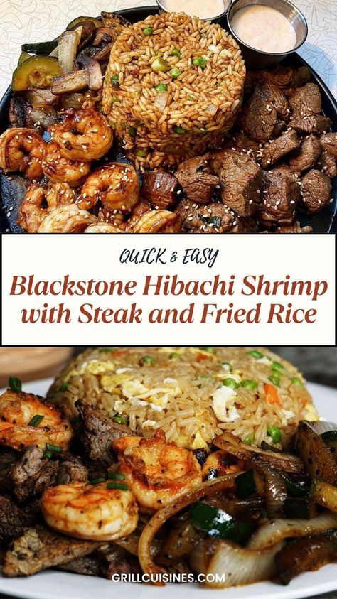 Treat yourself to an irresistible Blackstone hibachi steak and shrimp recipe. This easy-to-follow recipe combines tender steak and succulent shrimp, fried rice, fresh vegetables, soy sauce, garlic, and a hint of ginger, all cooked to perfection on your Blackstone griddle. Perfect for family dinners or large groups. Serve with fried rice or noodles for an authentic hibachi experience right at home! #HibachiRecipe #BlackstoneGriddle #SteakAndShrimp #AsianCuisine Hibachi Steak And Shrimp Recipe, Blackstone Hibachi, Hibachi Fried Rice, Hibachi Steak, Hibachi Recipes, Soy Sauce Garlic, Steak And Rice, Steak And Shrimp, Tender Steak