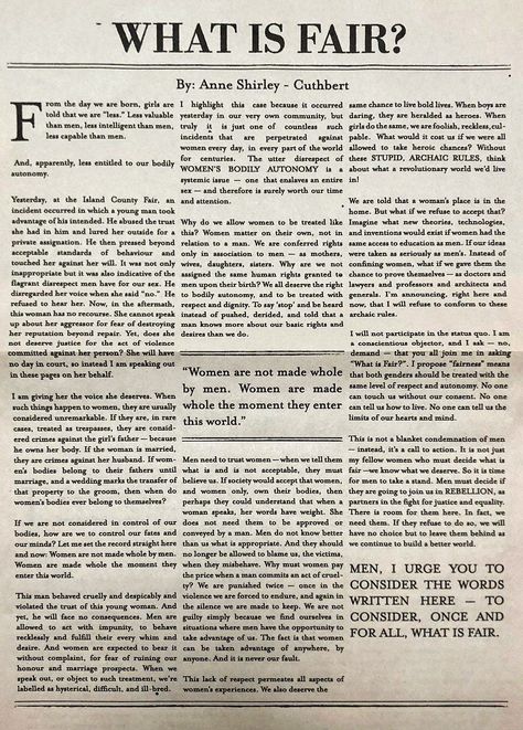 I found article that Anne wrote for newspaper. I also have a translation in spanish on my board. Anne With An E Newspaper, Feminist Newspaper Articles, Newspaper Article Aesthetic, Feminism Newspaper, My Anne With An E, Anne With An E Journal, Anne With An E Book, Spanish Wallpaper, Spanish Articles