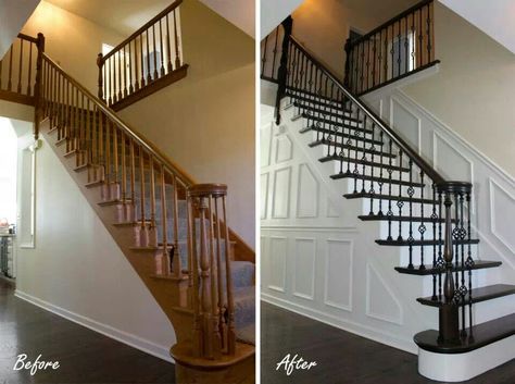 Stairs: before and after a paint job! Stairway Update, Basement Remodeling Before And After, Stair Railing Makeover, Basement Guest Rooms, Stairs Makeover, New Staircase, Staircase Remodel, Staircase Makeover, Stair Remodel