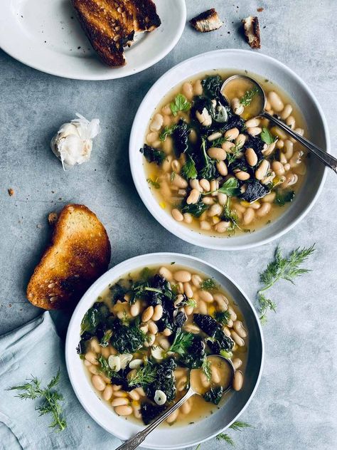 Brothy Beans, Wilted Greens, Beans And Greens, Miso Recipe, Parmesan Rind, Bowl Party Food, Peter Som, White Miso, White Bean Soup