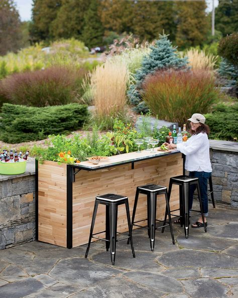 Gardener’s Supply Company is now offering a cedar outdoor cocktail bar that doubles as a planter. Made with solid and reclaimed cedar planks, the “Plant-A-Bar’s” bar unfolds for cocktail hour. Elevated Gardening, Bar Exterior, Bar Outdoor, Backyard Bar, Patio Planters, Tall Planters, Patio Plants, Patio Outdoor, Garden Bar