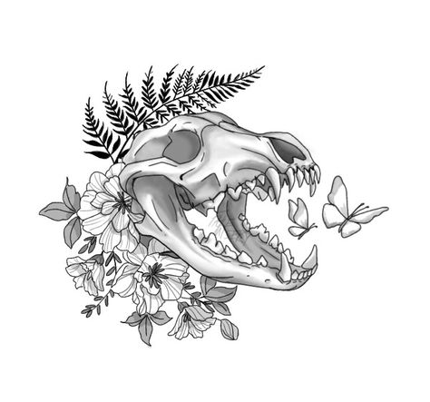 Snow Leopard Skull, Animal Skull Sleeve Tattoo, Wolf Skull Tattoo Flowers, Coyote Skull Drawing, Wolf Skull Tattoo Design, Canine Skull Tattoo, Jaguar Skull Tattoo, Coyote Skull Tattoo, Animal Skull Tattoo Flowers