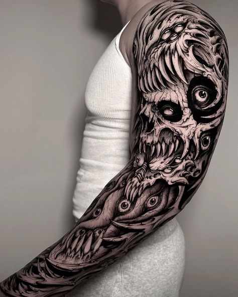 Evil Arm Sleeve Tattoos, Creepy Arm Sleeve Tattoo, Dark Arm Sleeve Tattoo, Shoulder Tattoo Blackwork, Creepy Sleeve Tattoo, Dark Sleeve Tattoo Men, Dark Sleeve Tattoo, Alex Grey Tattoo, Dark Sleeve