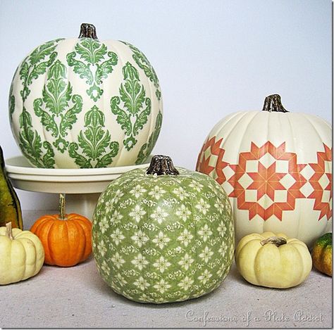 Seriously - this was done with photocopies of FABRIC!!  Wait 'til next fall - these will be all over my house!! Decorate Pumpkins, Decoupage Pumpkins, Pumpkins And Gourds, Country Halloween, Pumpkin Designs, Autumn Decorating, Autumn Crafts, Diy Pumpkin, Fall Projects