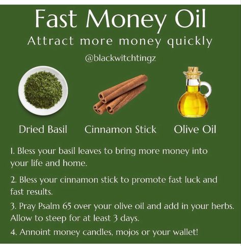 Fast Cash Oil Recipe, Money Oil Recipe, Money Oil, Money Spells Magic, Magick Oil, Affirmation Station, Powerful Money Spells, Candle Magic Spells, House Cleansing