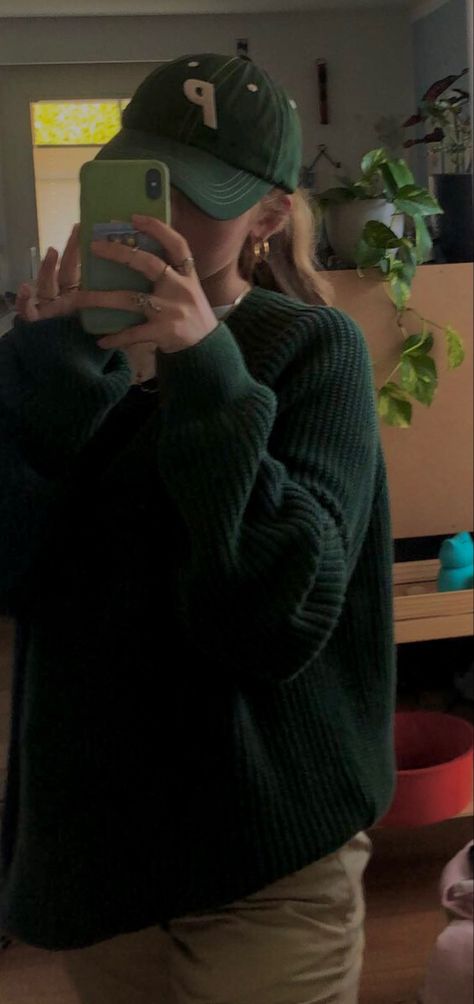 Forest Green Winter Outfits, Viridian Green Outfit, Dark Forest Green Outfit, Green Jumper Outfit Aesthetic, Forest Green Jumper Outfit, Forest Green Fall Outfit, Forest Green Aesthetic Outfit, Dark Green Fall Outfits, Cute Dark Green Outfits