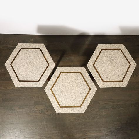 Set of 3 Mid-Century Modernist Hexagonal Terrazzo Side Tables by Harvey Probber This unique Set of Three Mid-Century Modernist Hexagonal Terrazzo Side Tables W/Brass Inlays & Curved Walnut Supports by Harvey Probber originates from the United States, Circa 1950. Each table features a hexagonal terrazzo top in an ivory hue, with a patinated brass inlay. Three sculptural curved walnut legs lend contrast to the geometric top, in a hand-rubbed finish and with excellent proportions. At a highly u... Minimal Interiors, Geometric Top, Brass Inlay, Minimalism Interior, Modern Table, Side Tables, Vintage Decor, Table Furniture, Original Designs