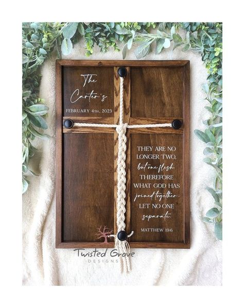 Matthew 19:6 What God has joined together let no one separate unity ceremony braided cord cross Wedding Marriage sign w/ Cotton cords https://etsy.me/3HPTYOC #wedding #sandceremony #candleceremony #weddingcross #braidedcross #weddinggift #unityrope #unityceremonyideas Marriage Braid Ceremony, Unity Ideas For Wedding, Western Unity Ceremony, Braid Unity Ceremony, Diy Wooden Cross Wedding, Unity Cross Wedding, Christian Wedding Decor, Wedding Unity Ideas, Flowers On Wooden Cross Wedding