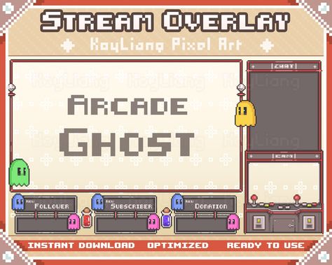 Twitch overlay package containing full overlays, webcam border, chat box and overlay assets for streamer to customize your stream screen. All images are designed in retro 8bit pixel style. Overlays are premade and ready to use. Perfect for Twitch, YouTube, Facebook or other streaming sites. ❖ Overlay Design ❖ Retro arcade gaming theme with pixel ghosts in different colors. 🎁 What is in the overlays package: ❖ 4 full screen overlays in size 1920 x 1080 pixels ❖ 1 background wallpaper in size 192 Screen Overlay, Retro Arcade Machine, Twitch Overlay, Streaming Sites, Retro Arcade, Arcade Machine, Pixel Perfect, More Followers, Animated Images