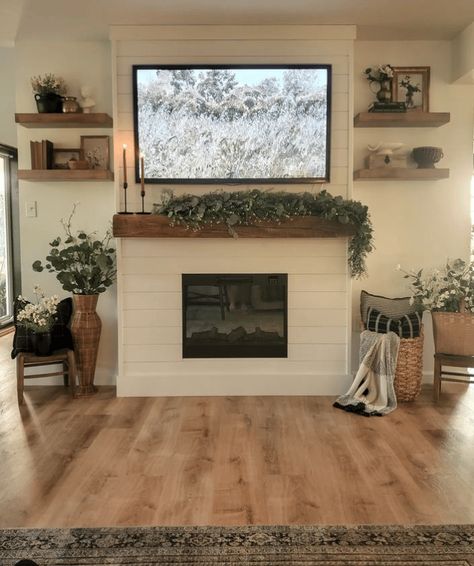 Shiplap Fireplace Bedroom, Living Room Fireplace Mantel Decor, Farmhouse Modern Fireplace Ideas, Farmhouse Fireplace With Tv Above, Farmhouse Fireplace Mantels With Tv, Fireplace Mantle Shiplap Wall, Farm House Gas Fireplace, Diy Fireplaces Ideas, Small Fireplace Mantle Decor With Tv