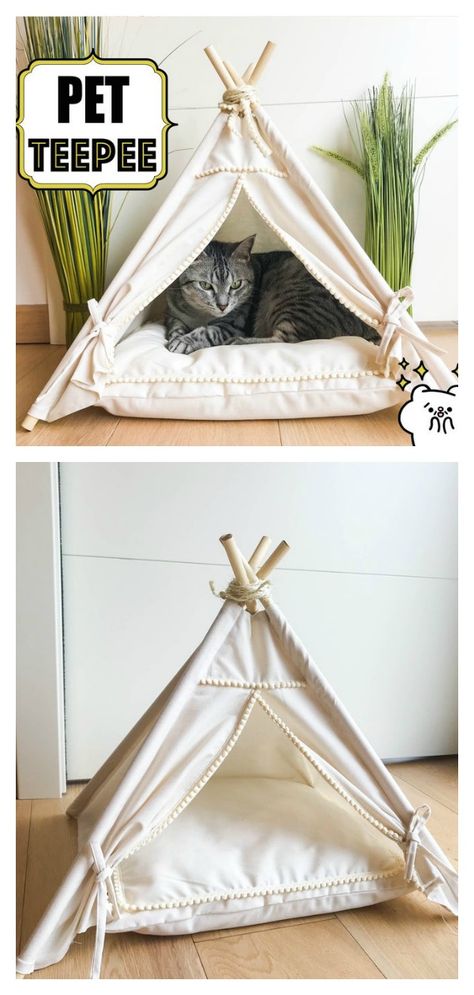 Pet Teepee House Free Sewing Pattern Diy Cat Tipi, Diy Pets Ideas, Diy Covered Cat Bed, Cat Bed Diy Sewing, Cat Beds Diy, Diy For Cats, Diy Cat Beds, Diy For Pets, Teepee House