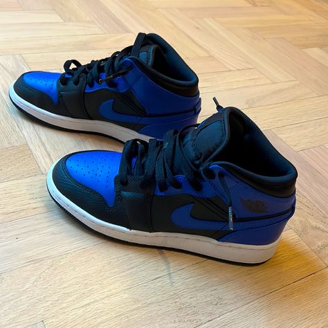 Brand New, Blue And Black Jordan 1 Mid With Black Laces. Box Not Included. Nike Women’s Shoes, Jordans Dark Blue, Blue Mid Jordans, Blue And Black Jordans, Blue Jordan 1 Mid, Casual Blue Mid-top Jordan Shoes, Jordans Blue And Black, Jordan 1 Mid Blue, Blue Air Jordan 1