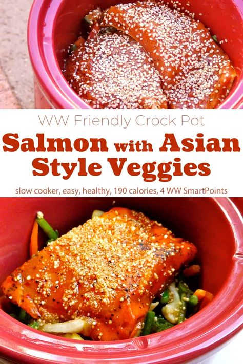 Easy, healthy and delicious Crock Pot Salmon Fillets and Vegetables in a tasty Asian style sauce. Dinner for two with just 190 calories and 4 WW Freestyle SmartPoints! #crockpotsalmon #salmonasianvegetables #slowcookersalmon #salmon Crock Pot Salmon, Crockpot Salmon, Fish And Veggies, Slow Cooker Salmon, Slow Cooker Asian, Cooking Fish, Asian Vegetables, Ww Freestyle, Ninja Recipes