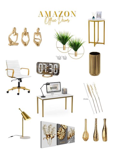 Decor | Amazon Must Haves White And Gold Office Decor Work Spaces, Chic Office Wall Decor, Black White Grey Gold Office, White Gold Office Decor, Gold Accent Office, Black White And Gold Home Office, Gold And White Home Office, Office With Gold Accents, White And Gold Office Decor