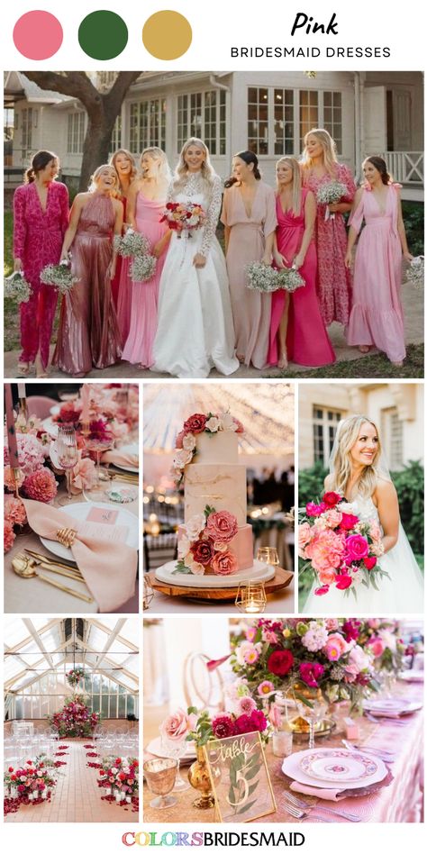 Hot pink bridesmaid dresses on sale under $100, in 600+ custom-made styles and all sizes, white bridal gown, different shades of pink flower bouquet, wedding centerpieces, wedding cake décor and wedding aisle décor. #colsbm #bridesmaids #bridesmaiddresses #weddingideas #pinkwedding #hotpinkwedding #weddingcake #bouquet #weddingaisle #weddingtablecloth #weddingcenterpieces #hotpinkdress b2278 Pink Wedding Colour Schemes, Hot Pink And Gold Wedding Theme, Wedding With Pink Color Schemes, Shades Of Pink Bridal Party, Shades Of Pink Bridal Bouquet, Hot Pink Wedding Color Palette, Pink Wedding Bridal Party, Shades Of Pink Wedding Decor, Shades Of Pink Wedding Theme