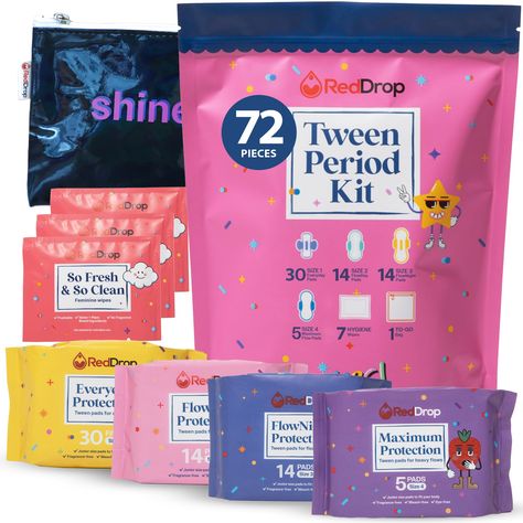 PRICES MAY VARY. Ready for Anything: Our RedDrop period kits for girls 10-12 are packed with leakproof, multi-absorbency pads to ensure your tween feels super supported, whether she's at school or playing sports. Just Her Size: Regular pads can be a drag. That’s why our girls first period kit is perfectly sized for tweens. They're comfy, absorbent, and just right for young movers and shakers! 72-Piece Period Pack: Everything she needs in one fab kit! 30 everyday pads, 14 FlowDay & 14 FlowNight p First Time Menstrual Cycle Kit, Period Basket For Daughter, First Period Gift Ideas, First Period Kit Daughters, Period Basket, Teen Period Kit, Period Starter Kit, Pads Period, Period Supplies