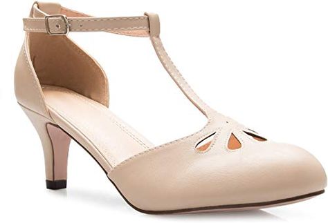 Amazon.com | Olivia K Women's Kitten Low Heels T-Strap Pumps - Adorable Vintage Retro Shoes with T Strap - Unique Upper Cut Out Design | Pumps Thick Heels Pumps, Prom Dress Shoes, Ellie Shoes, Wedding Shoes Lace, Expensive Shoes, Gorgeous Heels, Strappy High Heels, Shoes Store, Retro Shoes