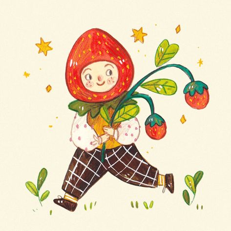 mushroom umbrella - Inês Dinis Illustration Strawberry Person Drawing, Cute Gnomes Illustration, Cute Gnomes Art, Cute Strawberry Illustration, Strawberry Art Cute, Strawberry Illustration Cute, Strawberry Cute Art, Strawberry Girl Drawing, Strawberry Art Illustration