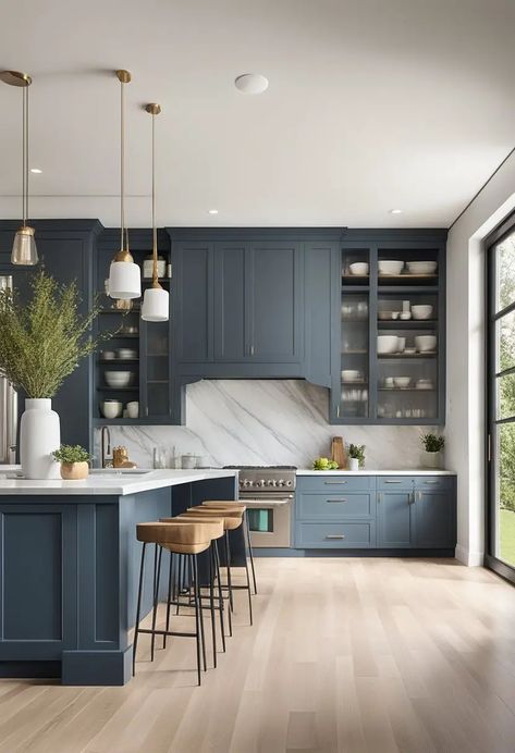 Kitchen Design Ideas Colors, Kitchen Design With Blue Cabinets, Greyish Blue Cabinets Kitchen, Smokey Blue Kitchen Island, Modern U Kitchen Design, Light Blue And Grey Kitchen, Slate Blue Interior Design, Dark Grey Blue Kitchen Cabinets, Open Concept Blue Kitchen Living Room