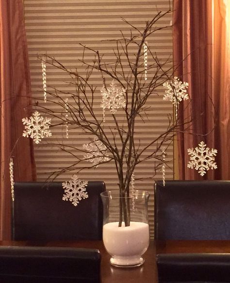 Birch Tree Centerpieces Christmas, Winter Wedding Tall Centerpieces, Church Winter Decorations, Snowflake Table Decor, Snowflake Table Centerpieces, Snowflake Centerpieces Wonderland, Snowflake Centerpieces Diy, Snowy Centerpieces, Snowflake Party Decorations