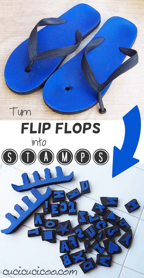 What can you do when your favorite flip flops break? Easy-- turn them into DIY stamps, toe separators and window guards! Window Guards, Flip Flop Craft, Diy Stamps, Foam Stamps, Handmade Stamps, Alphabet Stamps, Diy Stamp, Upcycle Projects, Recycled Crafts