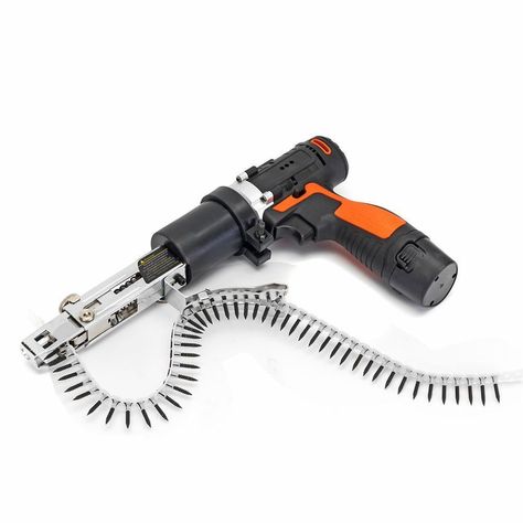 This unique tool lets you make your electric or cordless drill into an automatic chain nail gun. This electric drill adapter features a mechanism that allows you to drive screws easily and automatically sets the next screw. #drilladapter #drillbitadapter #screwchainadapter #electricdrilladapter #diy #woodwork #lifesaver #timesave #innovative Riveting, Item Reference, Riveting Tools, Iron Sheet, Snow Blowers, Apocalypse Survival, Electric Drill, Cordless Drill, Diy Garage