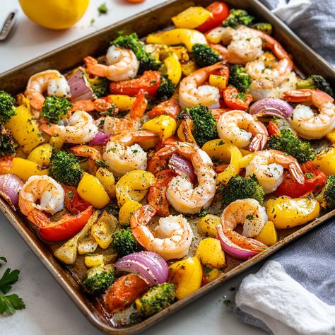 Healthy Sheet Pan Shrimp & Vegetables Shrimp Veggies Recipes, Healthy Shrimp Sheet Pan Dinners, Sheet Pan Meat And Veggies, Cajun Shrimp Sheet Pan Dinner, Air Fryer Shrimp And Veggies, Shrimp Packets Oven, Healthy Shrimp Lunch, Shrimp One Pan Recipes, Oven Roasted Shrimp Sheet Pan