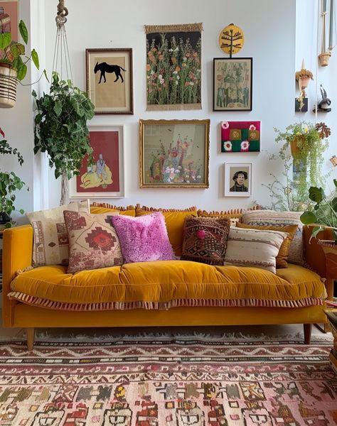 Bright and eclectic living room with a hot pink sofa, bold patterned throw pillows, and a gallery wall of diverse art pieces. The coffee table displays a mix of books and decorative items, adding to the maximalist style. Perfect for 2024 home interior trends. #DecorTips #Embracing #an #Oasis #Eclectic #Transforming #into #InteriorInspo #Your #HomeDecor #Charm #Apartment #Eclectic Eclectic Maximalism Living Room, Hot Pink Sofa, Maximalism Living Room, Maximalism Interior Design, Funky Living Room, Living Room Designs India, Maximalism Interior, Living Room Decor Eclectic, Maximalist Interior Design