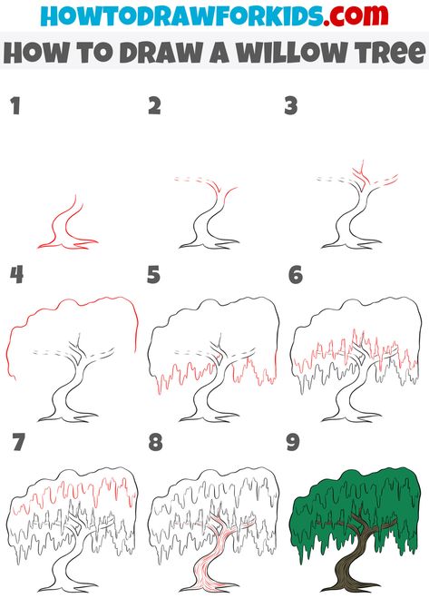 Willow Tree Drawing, Tree Drawing Easy, Trees Drawing Tutorial, Tree Drawing Simple, Useful Skills, A Willow Tree, Family Tree Art, Weeping Willow Tree, Tree Watercolor Painting