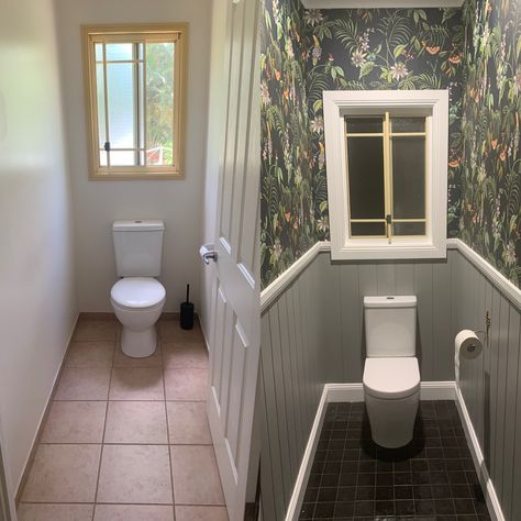 Dado Rail Bathroom, Tropical Toilet, Tropical Toilets, Bathroom Extension, Bungalow Inspiration, Black Grout, Dado Rail, Bathroom Aesthetic, Downstairs Toilet