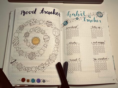 Space Mood Tracker, Bujo Space Theme, Bullet Journal Space Theme, Journal Space Theme, Space Bullet Journal, Space Bujo, March Bullet Journal, February Bullet Journal, Goals Bullet Journal