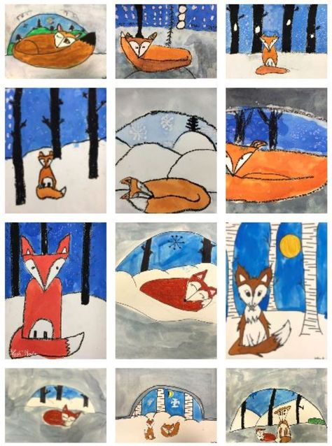 This Winter Fox is sly and cozy. Elementary students will study foreground, middle ground, background, and do a directed drawing with added personality. This project covers Common Core Standards for Science and Language Arts for grades 3-5 which can be found at the end of the lesson. Winter Directed Drawing For Kids, Winter Fox Art, Foreground Middle Ground Background, Ground Background, Xmas Activities, December Art, Winter Art Lesson, Childrens Art Projects, Winter Drawings