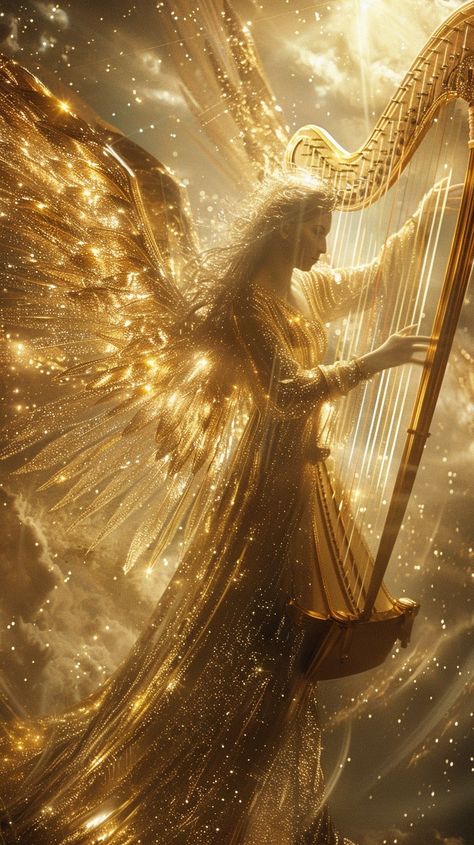 "Celestial Harpist Enchantment: A #heavenly angel enveloped in a #luminous glow plays the #musical harp amidst #sparkling ethereal particles. #divine #angelic #creativeart #inspiration #fantasyart #digitalart #artlovers ⬇️ Download and 📝 Prompt 👉 https://stockcake.com/i/celestial-harpist-enchantment_731276_154650" Angel Harp Tattoo, Etheral Aethstetic, Harp Aesthetic, Best Drugstore Powder, Makeup By Age, Makeup By Season, Angel Pic, Celestial Angel, Ethereal Angel