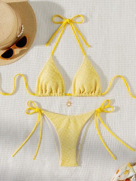 Cute Pastel Bikinis, Yellow Bikinis, Shein Bikinis, Yellow Bathing Suit, Yellow Swimwear, Yellow Swimsuit, Yellow Swimsuits, Cute Swimsuits, Cute Bikinis