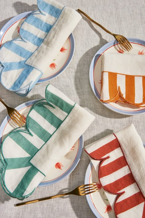 It's impossible not to have fun with our new candy-colored Jardin Embroidered Linen Scalloped Stripe Napkins. Choose-your-own adventure with our multiple colorways: Opt for bold maximalism with our monochromatic hues or go for understated elegance with the complementing white collection.