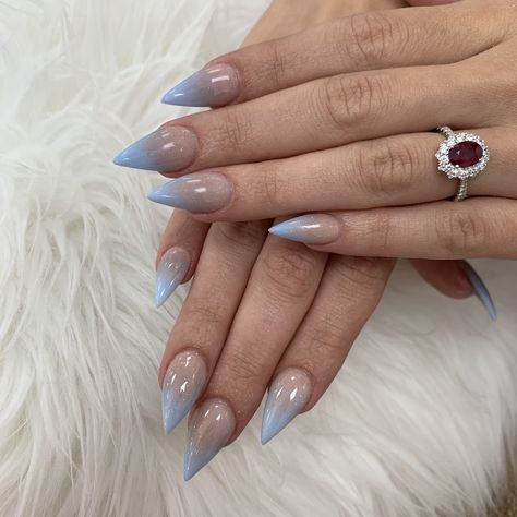 Blue Dip Ombre Nails, Pastel Blue Ombre Nails, Blue Ombre Nails Almond, Light Blue Stiletto Nails, Powder Blue Nails, Blue Stiletto Nails, Stiletto Nails Short, Glitter Tip Nails, Blue Ombre Nails