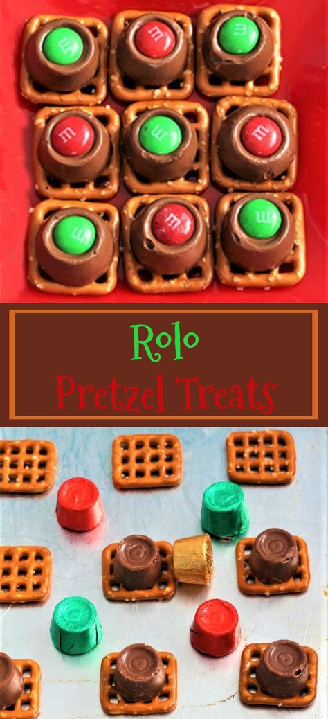 Rolls And Pretzels, Roll Candy Pretzels, Pretzel Rolo M&m Recipe, Rolo Pretzel Bites Holiday Treats, Roll Pretzel Candy, Christmas Pretzels With Hershey Kisses, Pretzel Rollo M&m, Pretzel Rolos M&m, Rollo Pretzel Treats Christmas