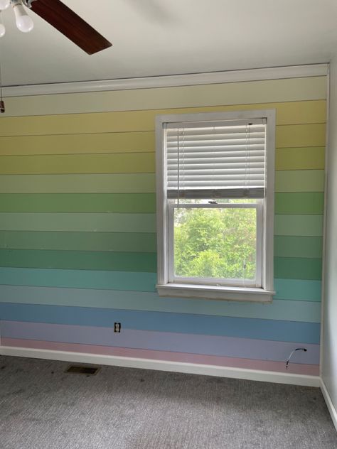 Ombre Shiplap Wall, Shiplap Wall Painted, Rainbow Shiplap Wall, Kids Boho Room, Rainbow Wood Wall, Nursery Idea, Rainbow Wood, Ship Lap, Shiplap Wall