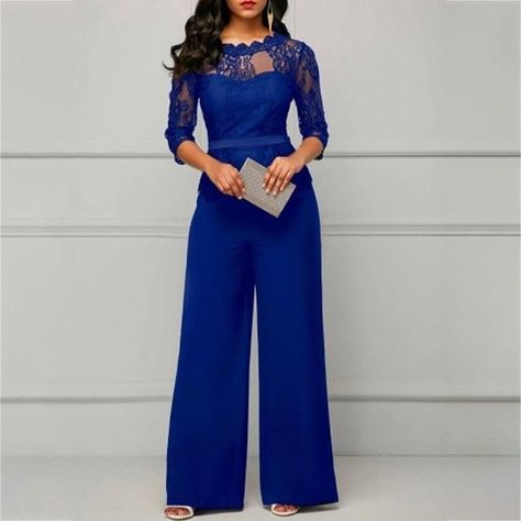 cd0dce8fca267bf1fb86cf43e18d5598desc47862216ri Cheap Jumpsuits, Style Wide Leg Pants, Scalloped Neckline, Rompers Online, Jumpsuit Elegant, Blue Jumpsuits, Pant Sets, Jumpsuit With Sleeves, Lace Fashion