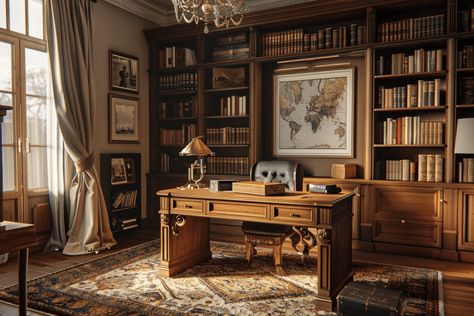 Victorian Era Interior, Vintage Office Ideas, Vintage Office Design, Victorian Writing Desk, Antique Wooden Desk, Vintage Inspired Office, Large Wooden Desk, Dark Wood Shelves, 1800s Home