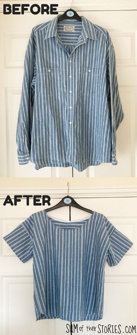 How to sew a simple top from a men's button down shirt Diy Men Shirt To Womens, Make A Pattern From Clothes, Button Up Shirt Diy Upcycling, Upcycling Mens Shirts For Women, Upcycled Mens Shirts For Women, Sew Simple Top, Upcycled Button Down Shirt, Simple Clothes To Sew, Upcycle Button Down Shirt