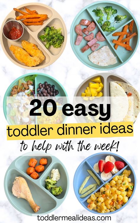 Need more toddler dinner ideas? I'm a mom of three sharing 20 easy toddler dinner ideas based on what my 3 year old has been eating. These are also easily adapted for 1-2 year olds and great for older kids too! This is what our family eats for dinner (we don't make different meals for our kids, normally) so these are super easy and family-friendly dinners for all! Toddler dinner ideas, kid dinner ideas, easy family diner ideas. Dinner Recipes For One Year Old, Well Balanced Meals For Kids, Nutritious Family Meals, Dinner Ideas For Toddlers Picky Eaters, Toddler Dinners For Picky Eaters, Cheap Toddler Meals, Quick Toddler Dinner, Meals For Two Year Olds, Picky Toddler Meals Dinners