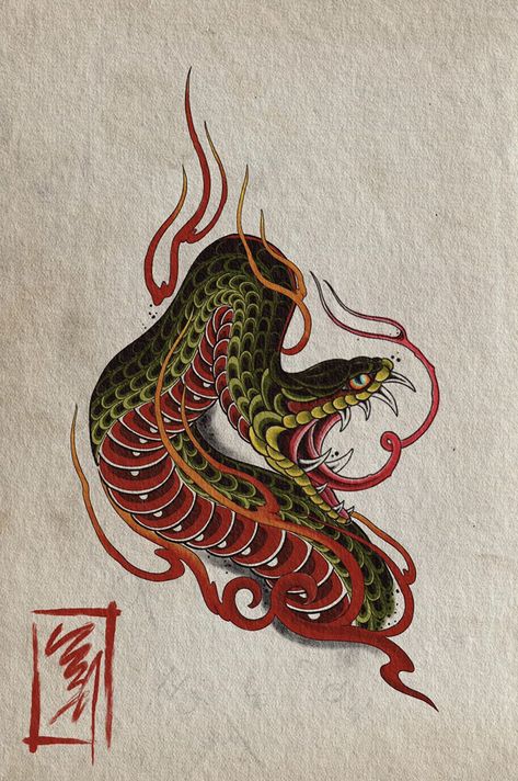 Japanese Snake Tattoo, Badass Drawings, Traditional Tattoo Inspiration, Snake Drawing, Japan Tattoo Design, Snake Tattoo Design, Japan Painting, Irezumi Tattoos, Snake Art