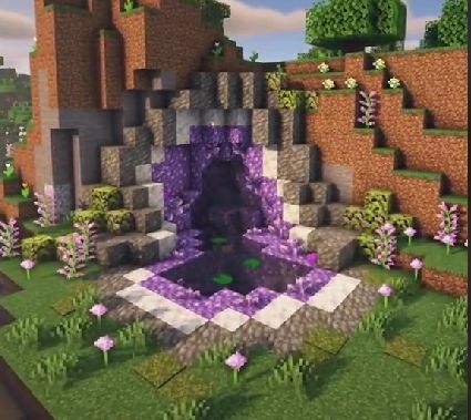 Minecraft Glowberry Ideas, Minecraft Cherry Blossom Roof, Waterfall Pond Minecraft, Minecraft Building Ideas List Survival, Minecraft Wall Aquarium, Minecraft Twilight Forest Portal Ideas, Crystal Cave Minecraft, Minecraft Lore Builds, Heart Lake Minecraft