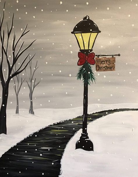 Christmas Backgrounds Drawings, Christmas Lantern Painting, Christmas Acrylic Art Canvas Ideas, Winter Lamp Post Painting, Christmas Paintings On Canvas Aesthetic, Christmas Scenery Paintings Easy, Christmas Landscape Drawing, Christmas Aesthetic Painting, Christmas Painting Ideas On Canvas Easy